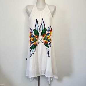 Chloe Oliver Mini Dress White Embroidery Tropical Floral Lined Trapeze Lace Up M